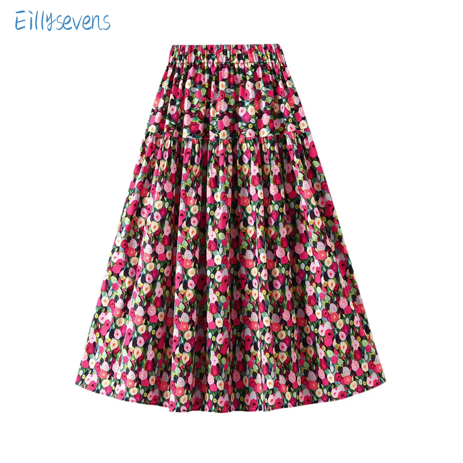 

Women Long Pleated Skirts Loose High Quality High Waist Skirts Casual Resort Style Fluffy Mid-Length Floral A-Line Skirt