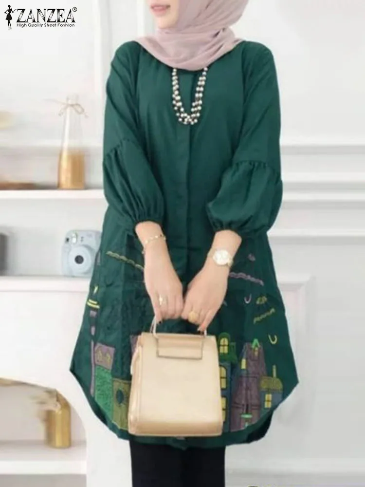 

ZANZEA Women Vintage Lapel Neck Long Sleeve Floral Printed Muslim Shirt Spring Blouse Islamic Clothing Eid Mubarek Blusas Tops