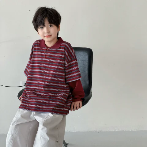 Boys' Top 2026 Autumn and Winter New Children's Wear Korean Style Boys and Girls Foreign Style Lapel Fake Two Striped T-shirts