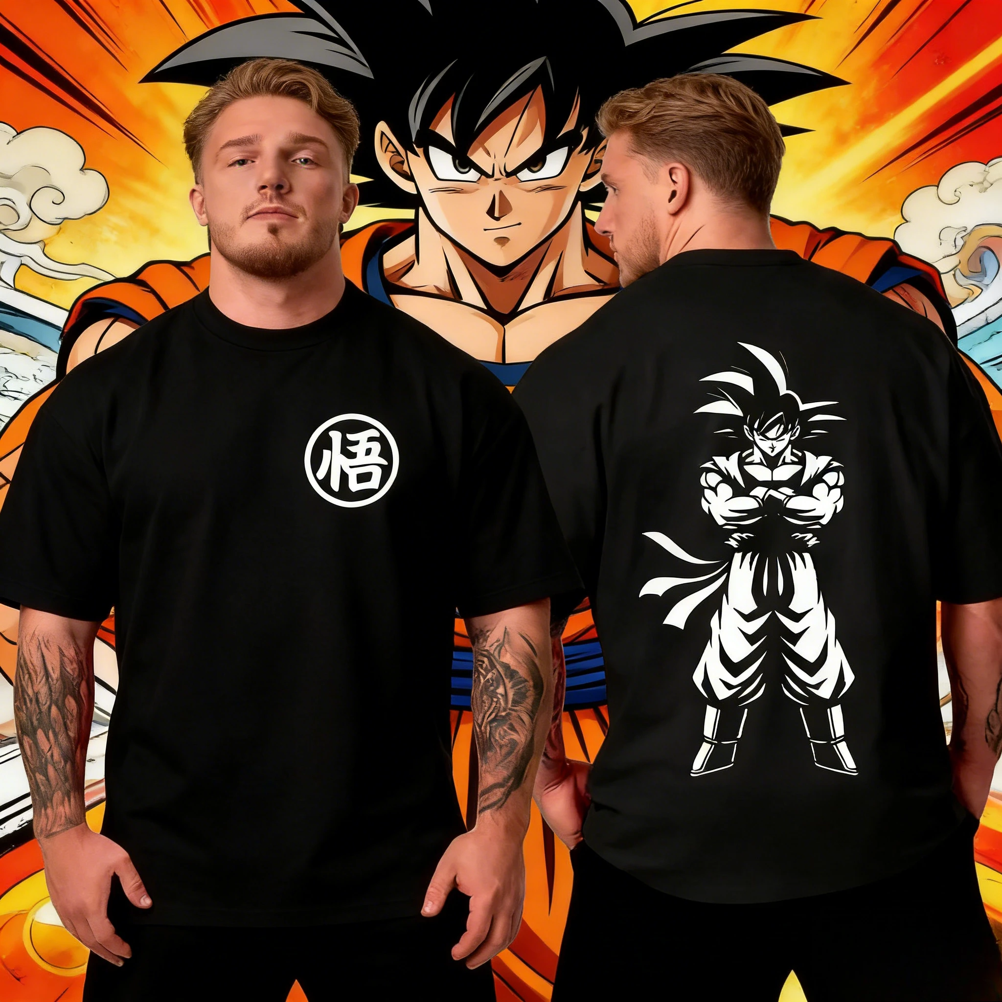 2026 Sommer Dragon Ball Vintage Anime T-Shirt für Herren aus reiner Baumwolle, locker geschnitten, lässig, mit Goku Kanji Symbol, Retro-T-Shirt für Alltag & Sport