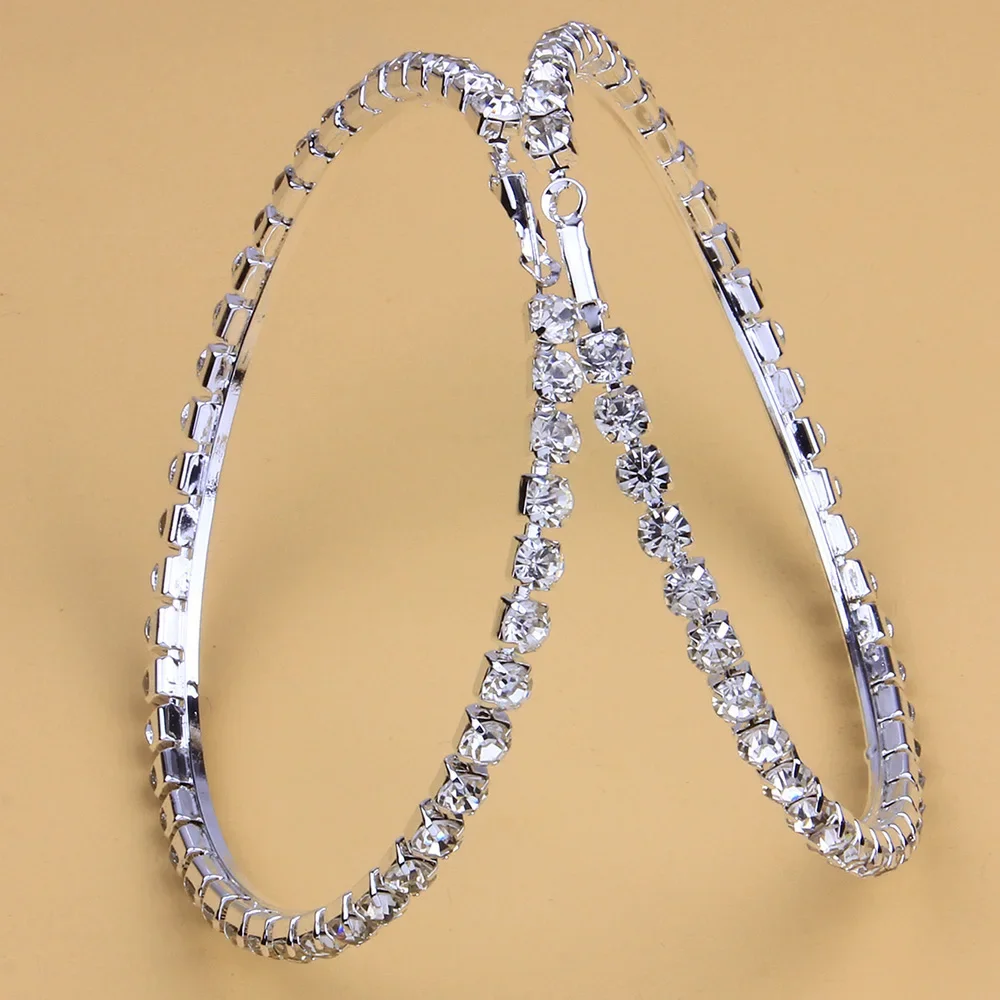 Statement Stunning Glass 90mm Big Circle Earrings Silver Color Jewelry Fashion Bling Large Rhinestone Hoop Earrings for Women