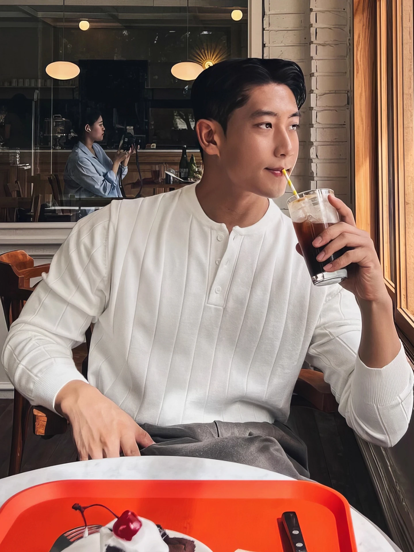 

Мужская повседневная трикотажная футболка с длинным рукавом и воротником хенли, в корейском стиле, в полоску, с текстурой, теплая, для отдыха и повседневной носки, весна-осень