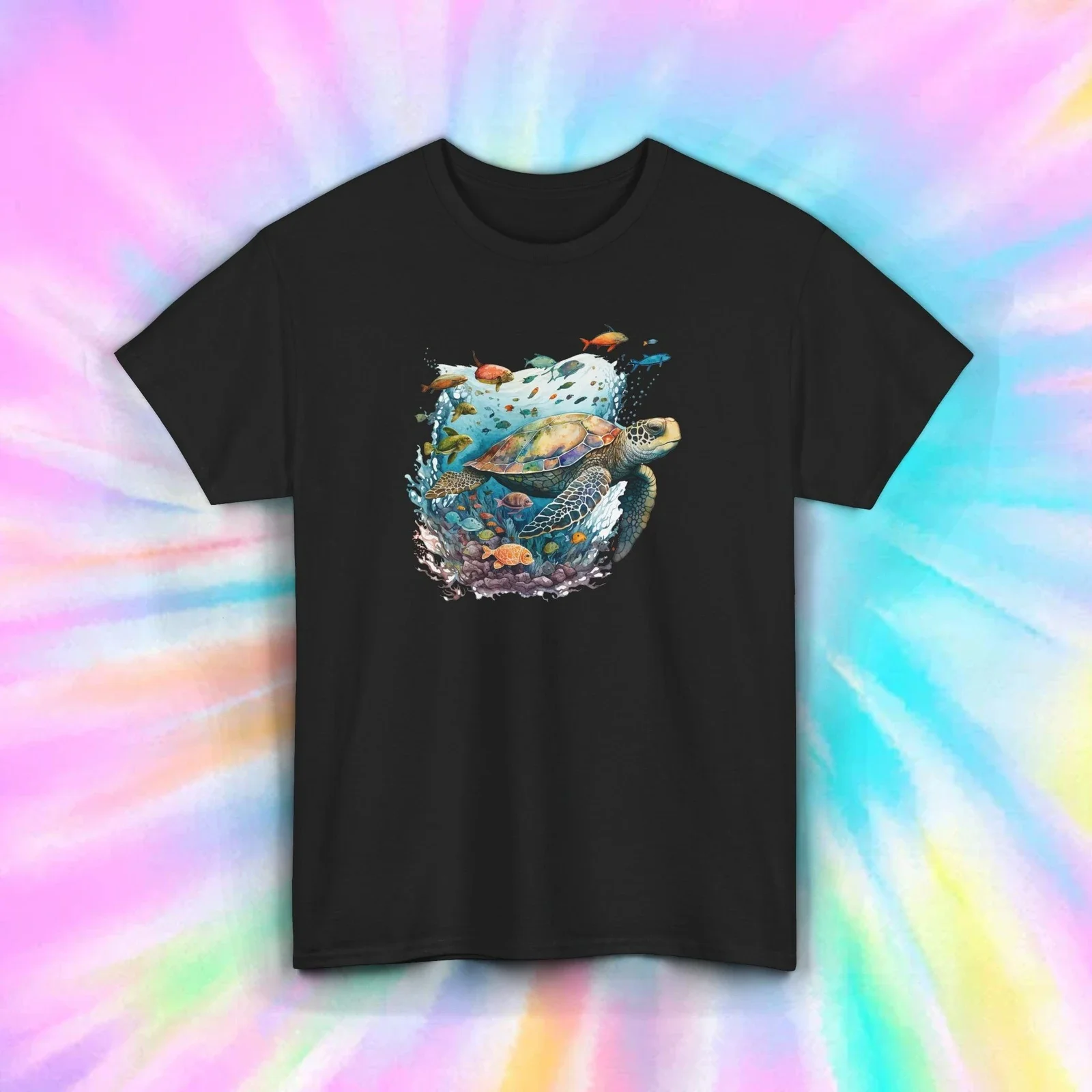 

Sea Turtle Underwater Scene T-Shirt Colorful Fish Ocean Nature Tee S-5XL