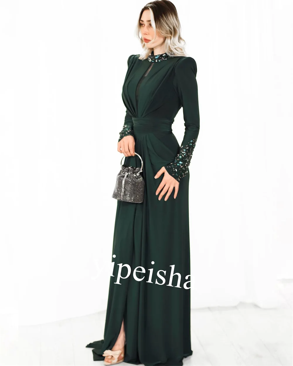 Customized Jersey Sequined Pleat Graduation Straight High Collar Bespoke Occasion Gown Long Dresses