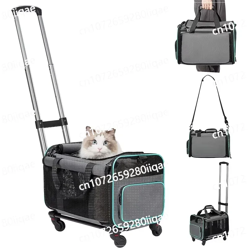 

Custom logo 4 wheel dog carrier foldable pet trolley travel bag with detachable wheels