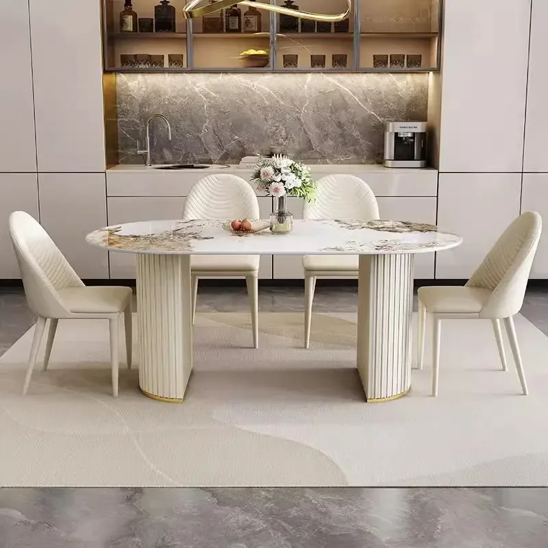 Cream wind rock board dining table and chair combination household size apartment light luxury quality luxury white oval