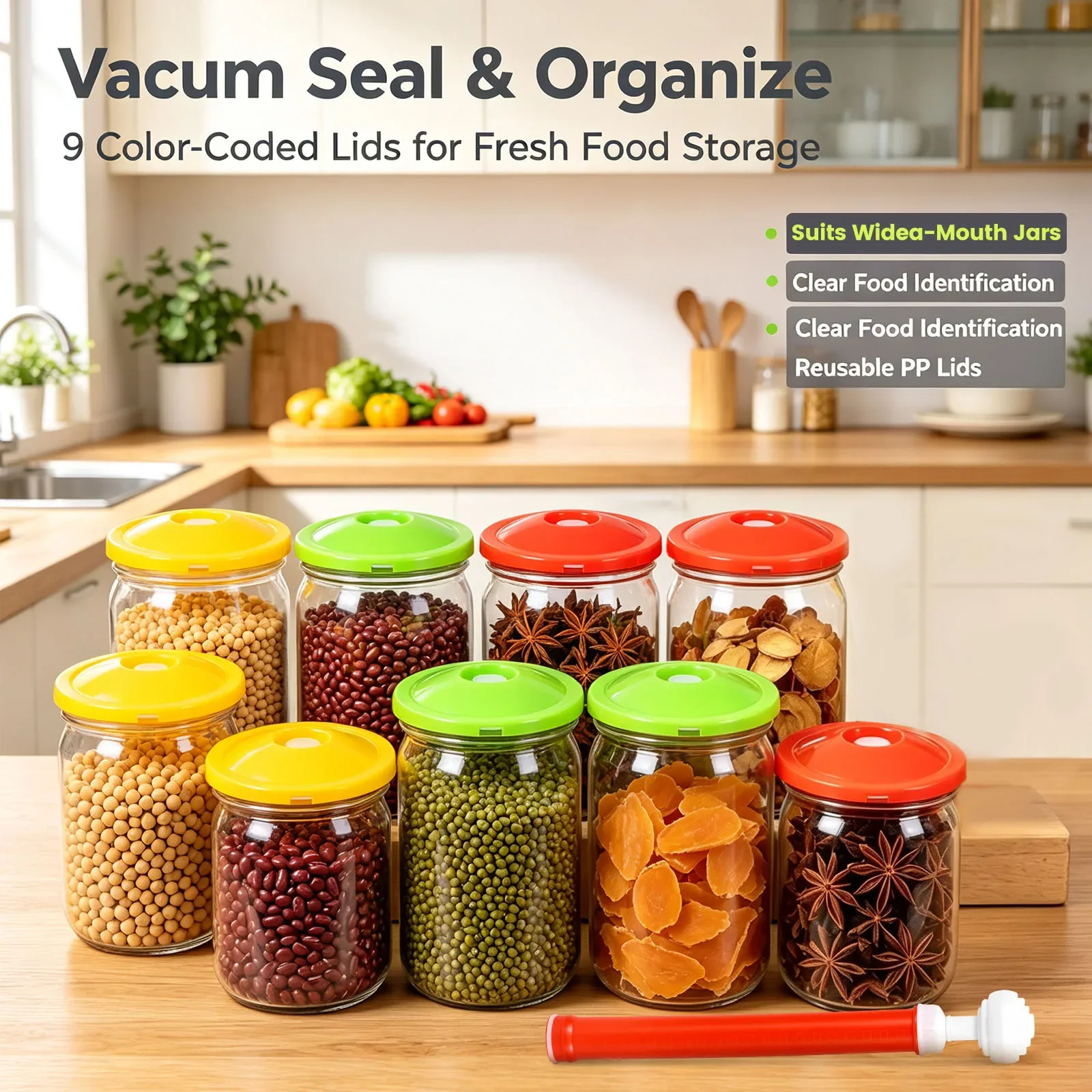 10Pcs Canning Jar Vacuum Pump Kit Mixed Color Vacuum Sealer Jar Lids With Vacuum Pump Reusable Pickle Jar Sealing Cover for Home