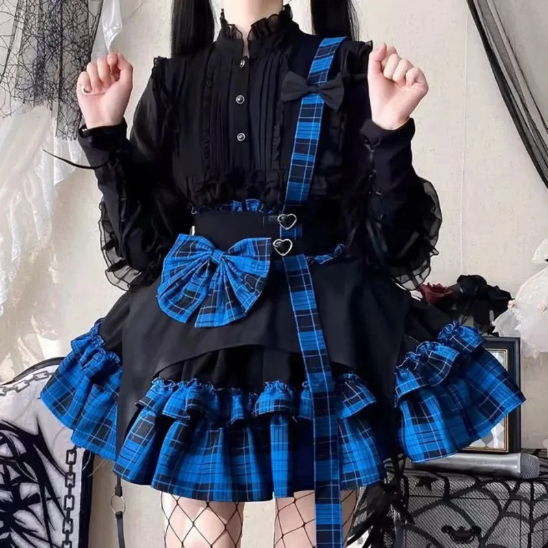 Y2K Electronic Cat Grid Cake Skirt Half Skirt SK Checkered Dark Girl Song Dress Anime Lolita JK A-line Midi Mini Dresses New