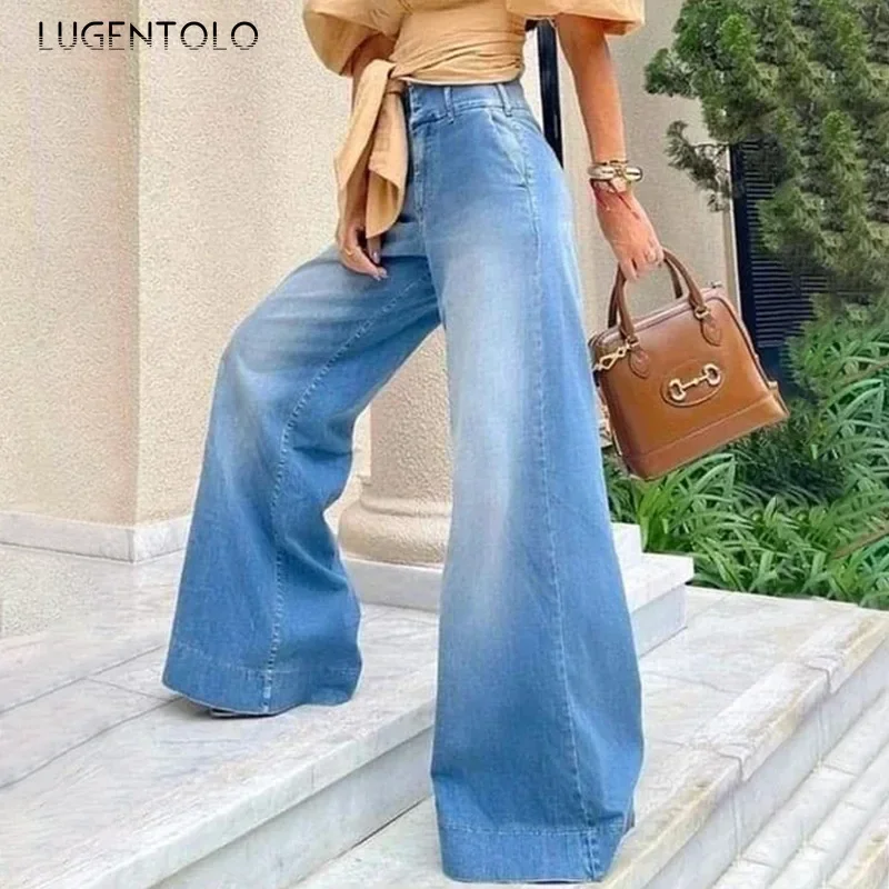 

Women Elegant Jeans Fashion Bleached High Waist New Female Casual Button Street Denim Long Versatile Wide-leg Pants