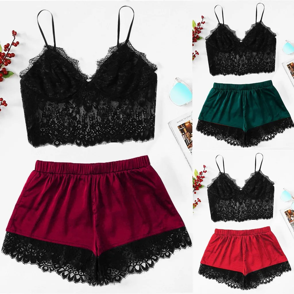 Sexy Lingerie For Women Summer Transparent Lace V-neck Bowknot Shorts Set Sleepwear Pajamas Lingerie Nightgown