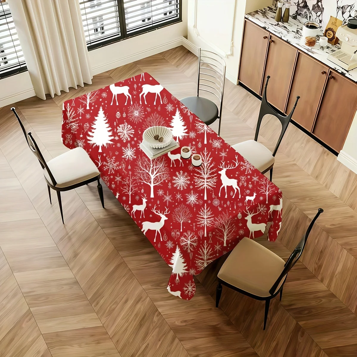 Red Christmas Reindeer Table Cloth Winter Xmas Tree Snowflakes Kitchen Dining Tablecloth Navidad Holiday Party Table Decorations