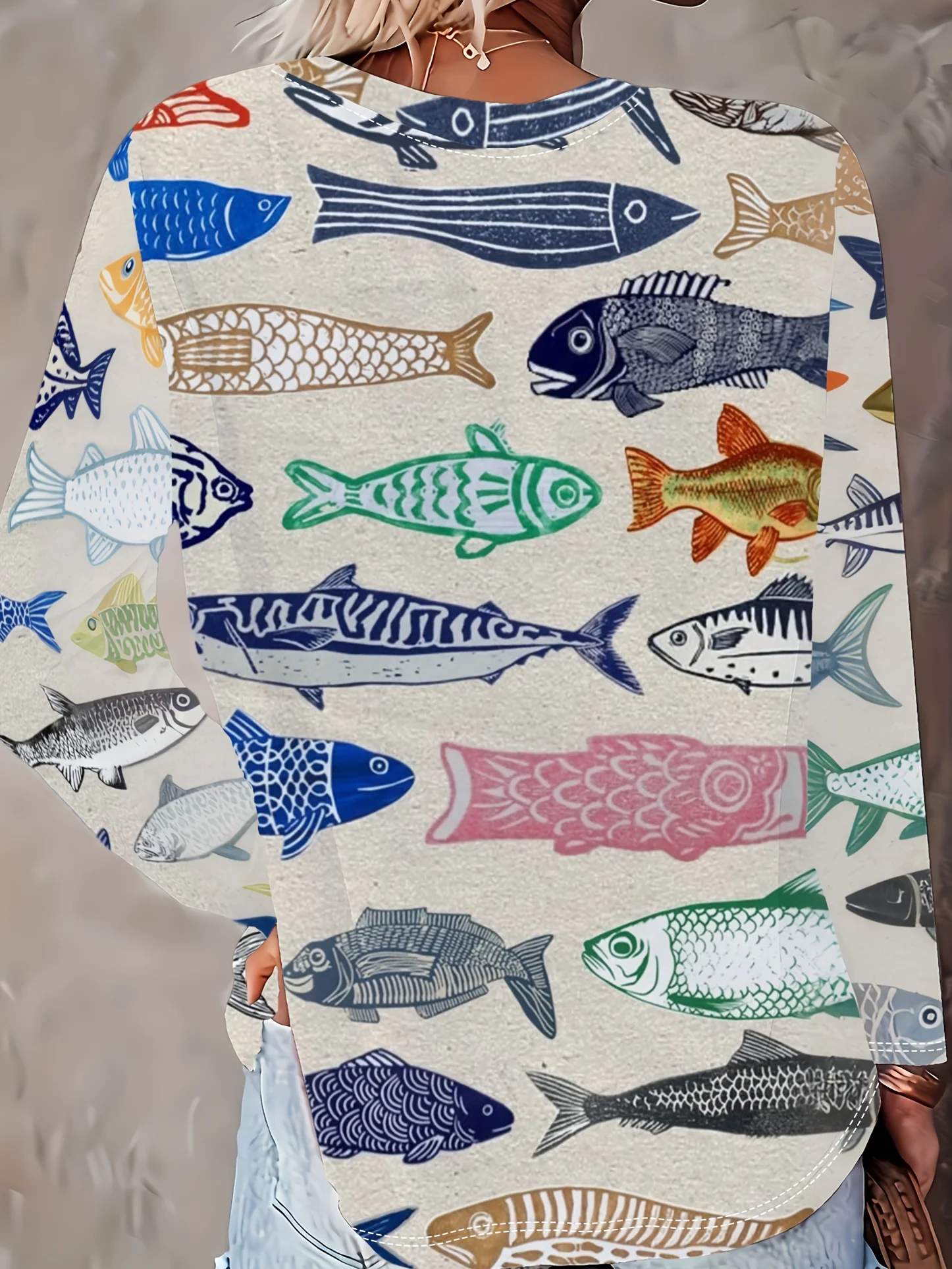 Women T‑Shirt Long Sleeve 3D Retro Colorful Fish Stamp Print Tee Casual Street Female Wear Daily O‑Neck Cute Top Women's Clothes - view 4