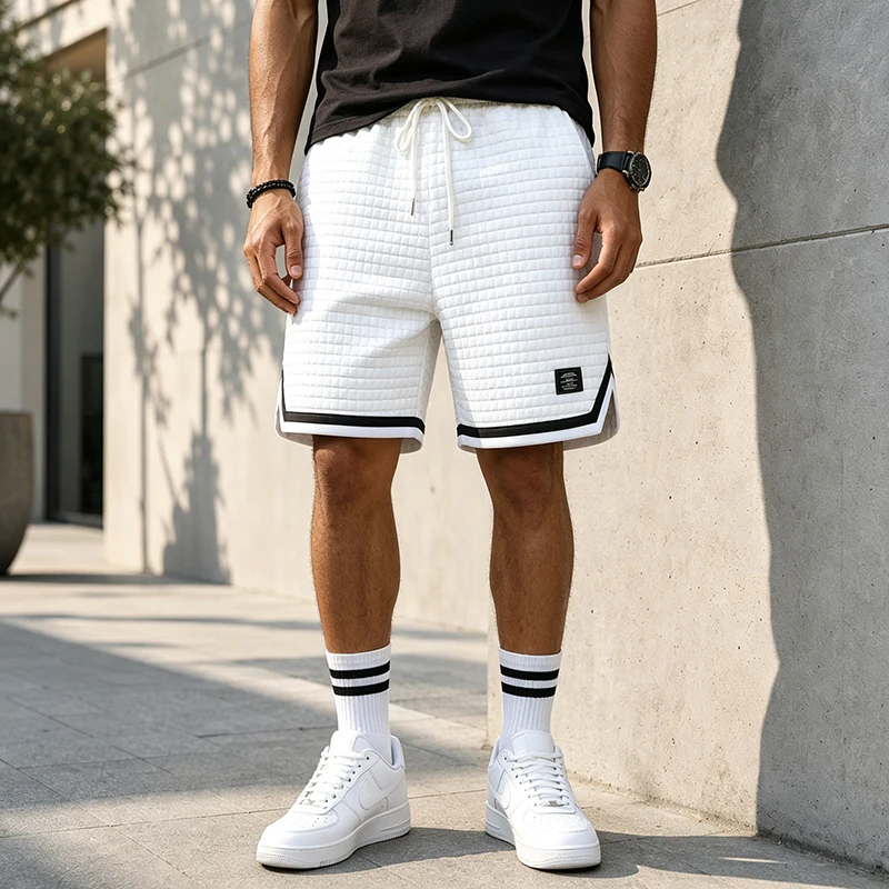 Men's Bubble Waffle Checkered Shorts Relaxed Fit Drawstring Waist Contrast Trim Summer Casual Athletic Street Wear with Pockets
