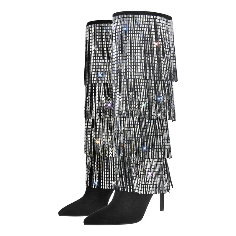 Onlymaker Women  Rhinestone Fringe Stiletto Knee High Boots Thin Heel Fashion Pointed Toe Tassel Crystal Moden Boots