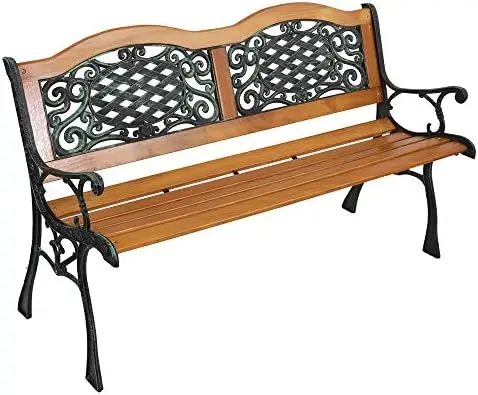 Classic Cast Iron & Teak Arched Back Rectangular Outdoor Bench, 3-Seater, 470 lbs Capacity, Easy Assembly, Weather