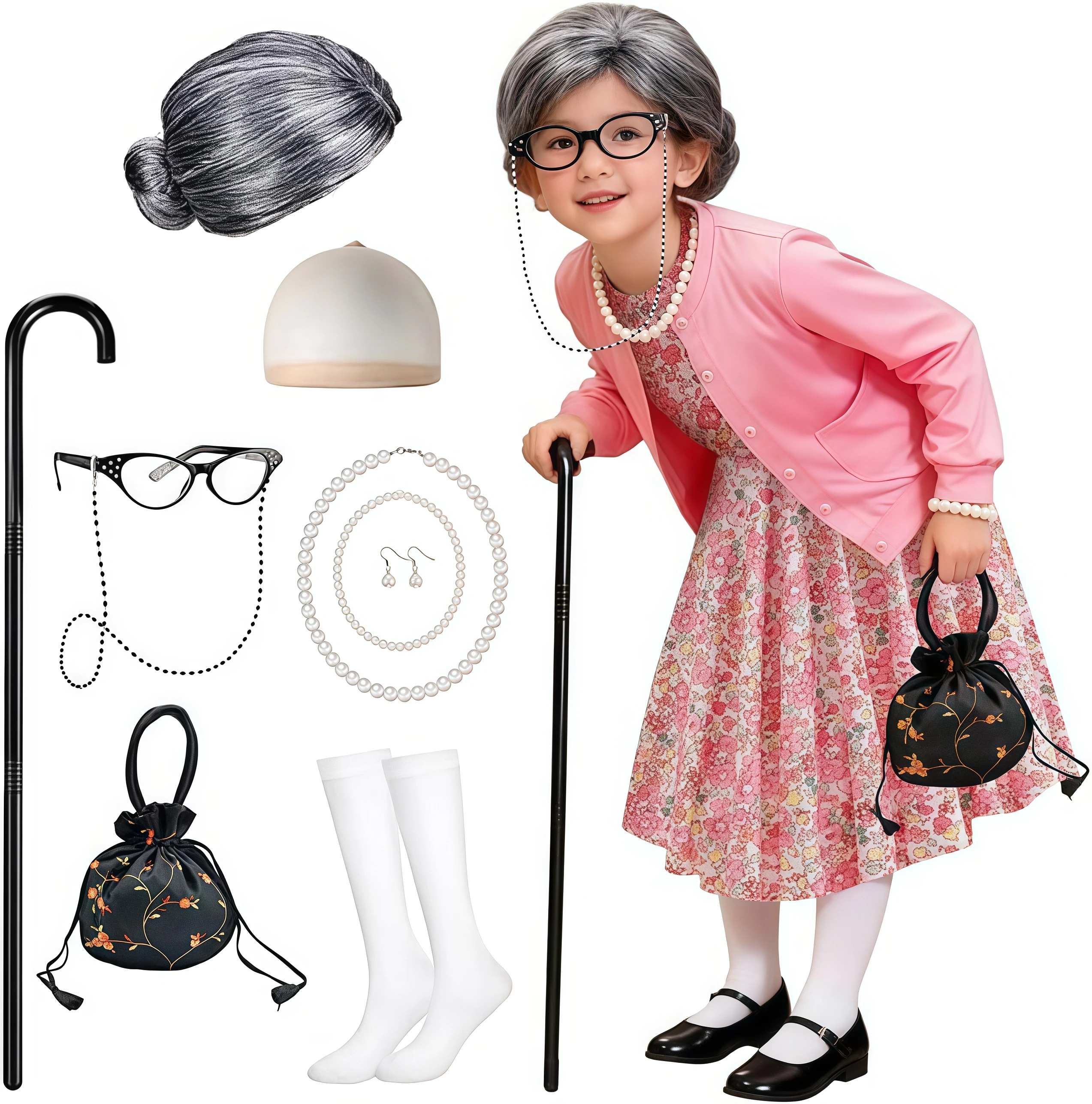 إكسسوارات أزياء السيدة العجوز حقيبة شعر مستعار للجدة للأطفال ملحقات قصب المشي فستان للسيدات والفتيات للفتيات من عمر 3 إلى 10 سنوات #1