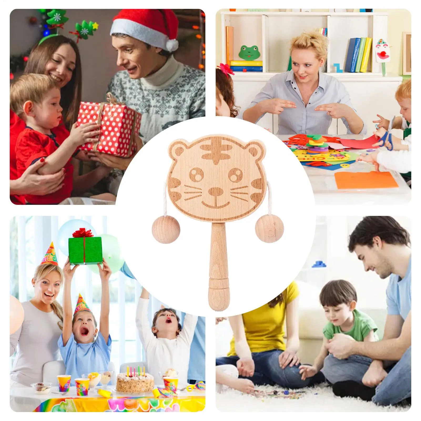 Hochet en bois en forme de tigre pour bébé, tambour à secousses Double face interactif, facile à saisir, pour le suivi visuel des compétences motrices