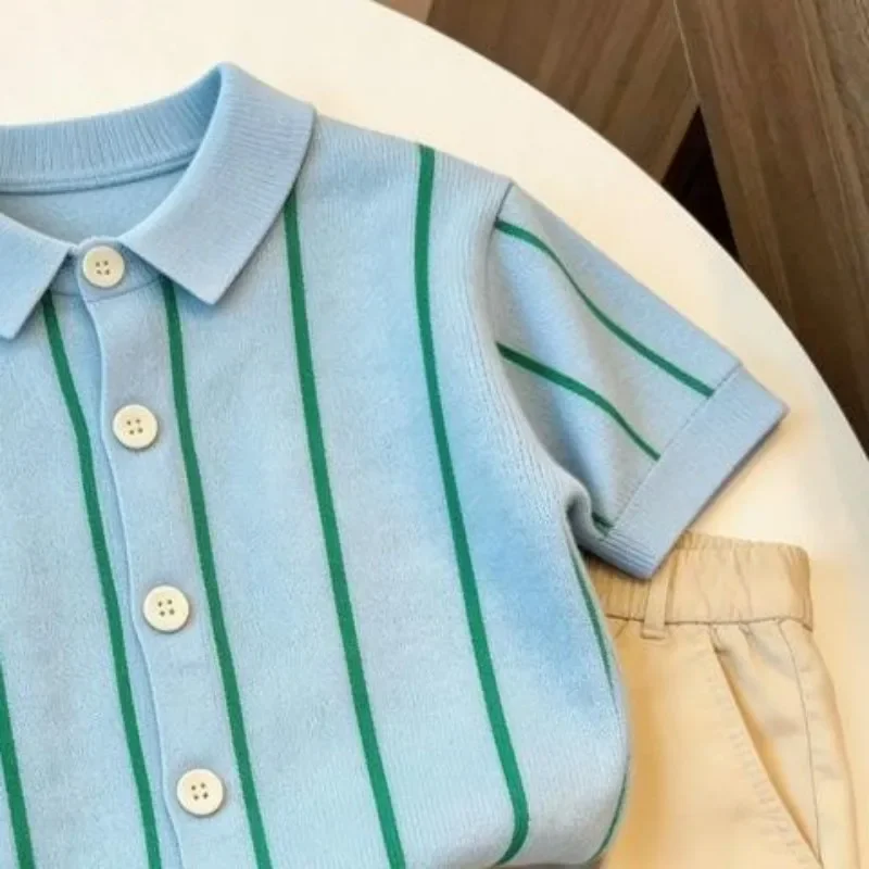 

Boys Summer Outfit Fashionable New Stripe Ice Silk Short Sleeve Collared Top plus Shorts Two-Piece Set for Kids