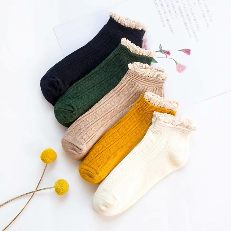 KUCLUT Korean Style Lace Vintage Socks Ruffles Soft Flower Cotton Women Socks Fashion Cute Sweet Princess Girl Cute Ankle Socks