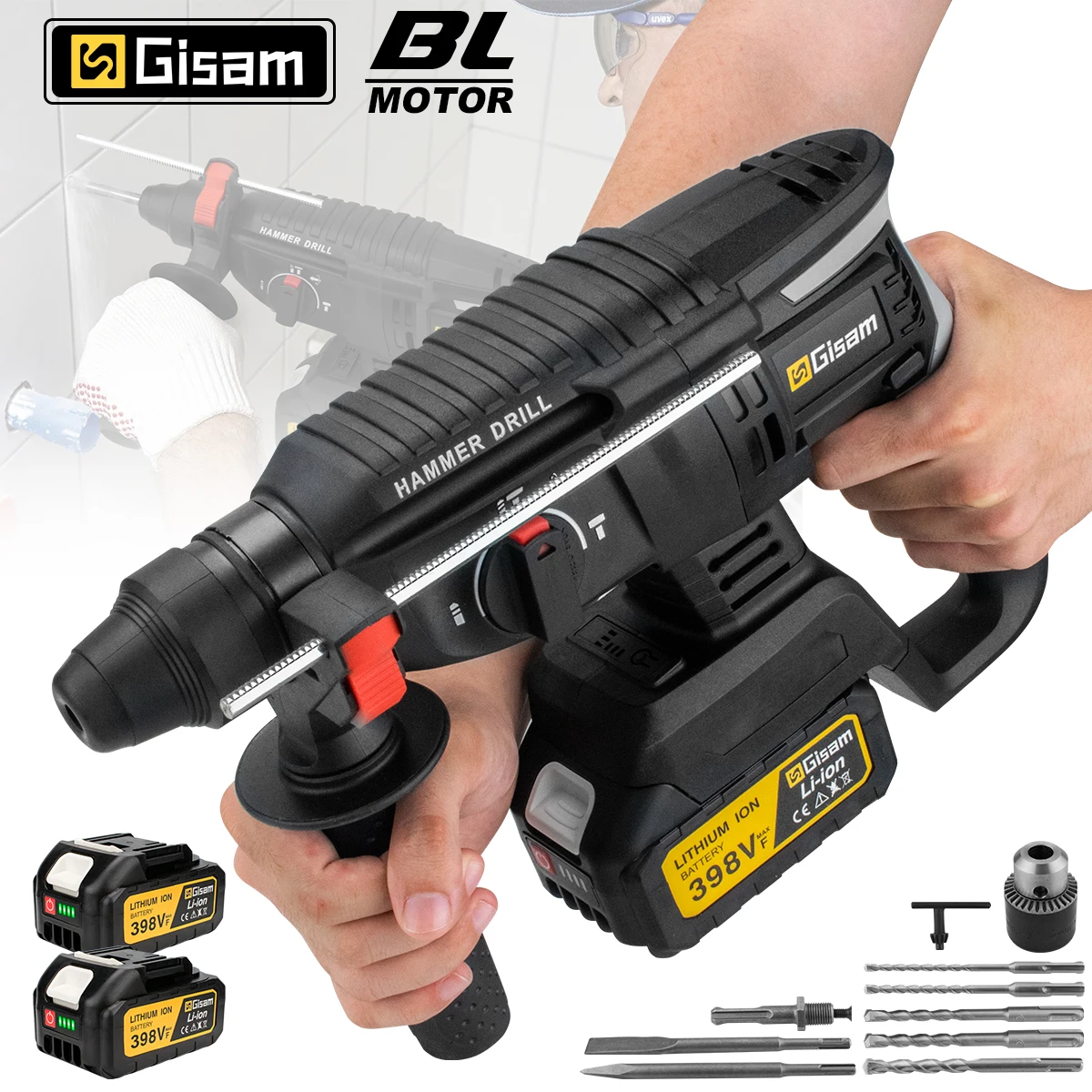 Marteau perforateur électrique sans fil Gisam 26MM, perceuse à percussion rotative multifonctionnelle rechargeable, outil électrique compatible avec batterie Makita 18V