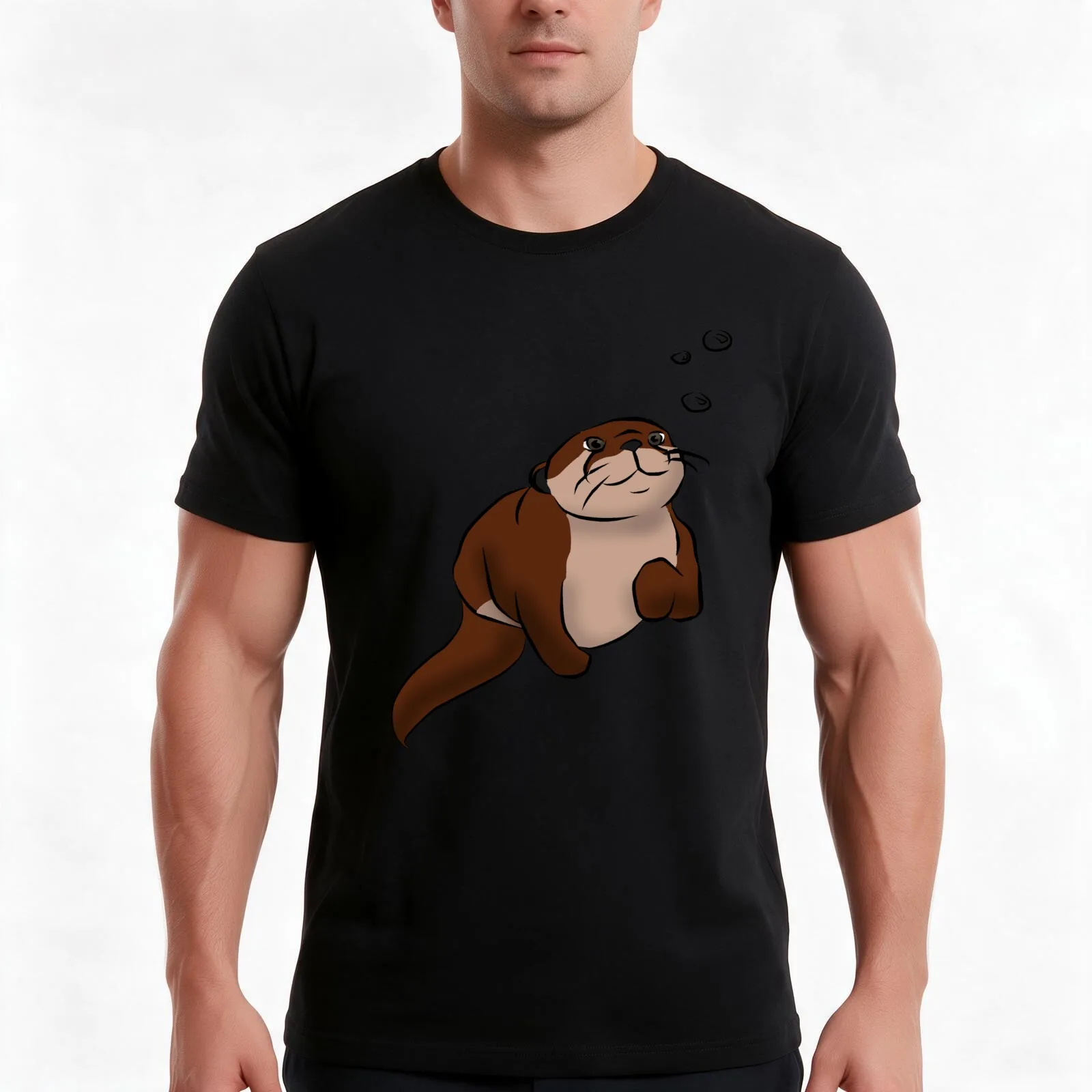 Swimming Otter T-Shirt, Summer Casual Cotton Tee, Oversized Streetwear Tops, Vintage Graphic Print, Loose Fit Short Sleeve