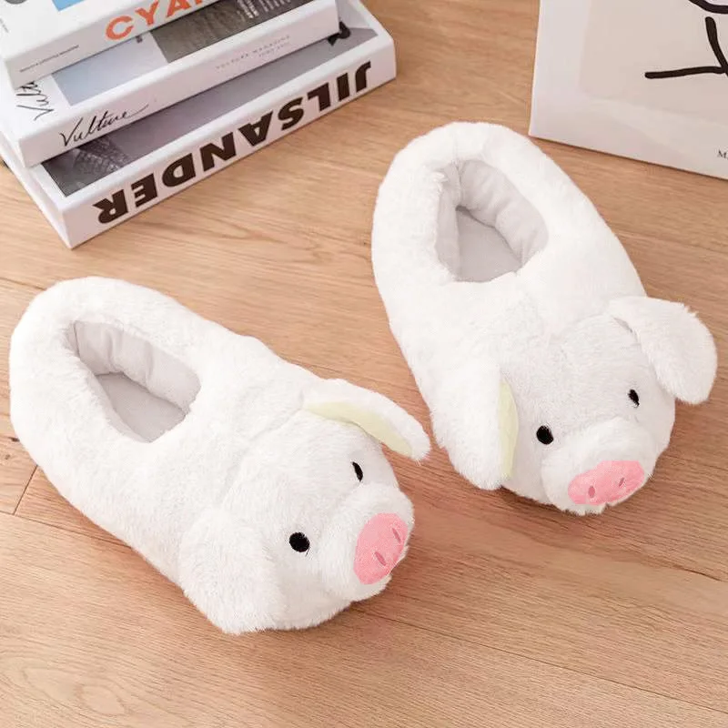 Furry stereoscopic piggy slippers home indoor slip-on fur loafers shoes ladies chunky roomy floor slippers pink animal slides
