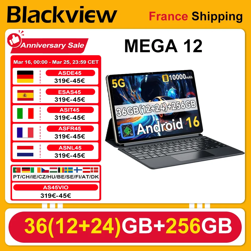 [Expédition depuis la France] [Sans chargeur UE] Tablette Blackview MEGA 12 12 Go + 256 Go 12,2 pouces 2,4K 120 Hz 50 MP + 13 MP Batterie 10000 mAh 5G Pad PC