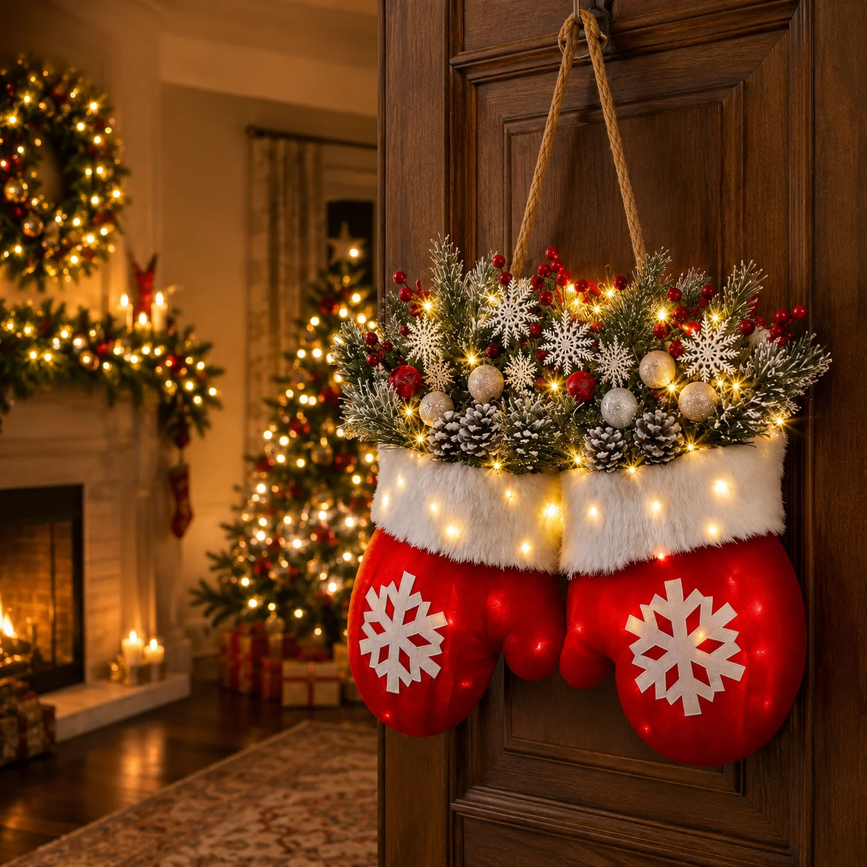 Christmas Garland Creative Glove Shaped Simulated Flower Wreath Window Door Gate Decoration Door Sign Xmas Party Decoration
