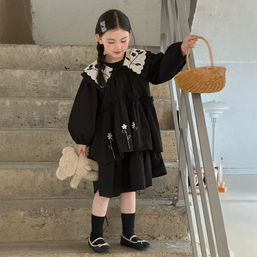Girls Fall 2026 New Kids Heavy Duty Floral Black Elegant Big Lapel Black Dress Baby Girl Unique Skirt