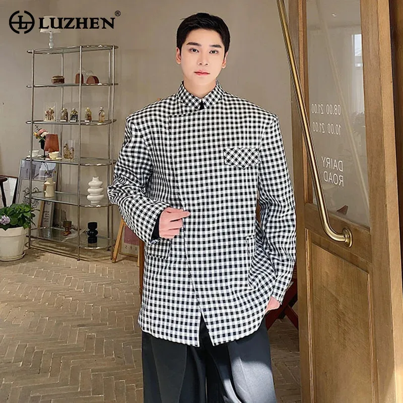 LUZHEN Plaid Printed Asymmetric Placket Slim Blazer Coat Men New Fashion Handsome Elegant Casual Male 2026 Autumn Jacket JY9545