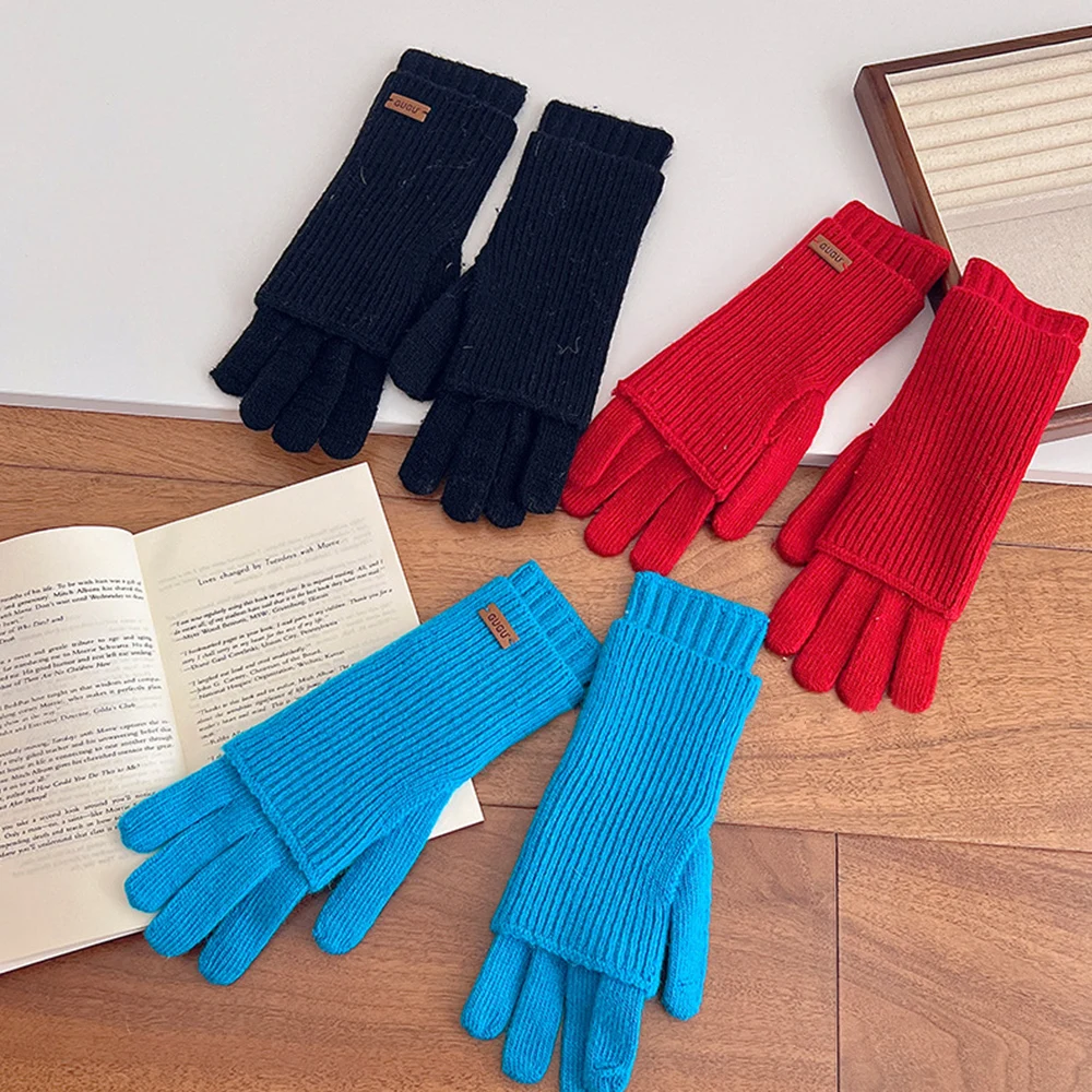 Guantes tejidos de lana de doble capa desmontables para mujer, guantes cálidos de invierno de doble uso, guantes coreanos de Color sólido, mitones para mujer