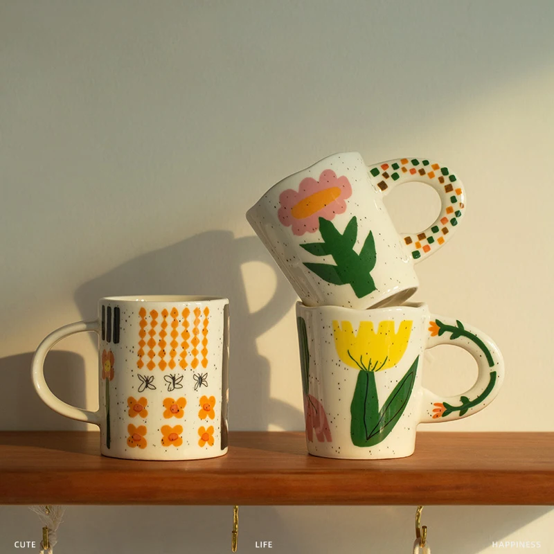 Ceramic Cups Large Capacity 270ml Sunflower Tulip Printed 350ml Pigmented Home Office Drinkware Coffee Water Mugs With Handgrip