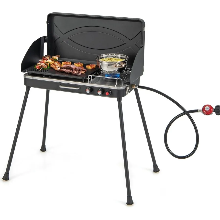 

2-in-1 Portable Propane Camping Grill and Stove with Dual Control Knobs Detachable Legs 3-Sided Wind Screen Integrated Gas Hose