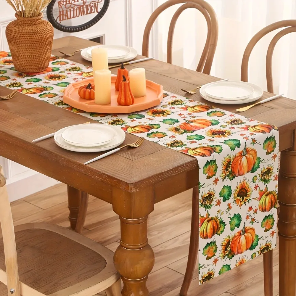 Halloween Theme Linen Table Runners Thanksgiving Harvest Pumpkins Pattern Table Runner Washable Farmhouse Holiday Wedding Decor