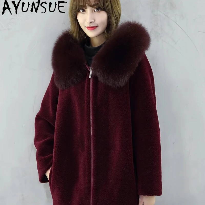 AYUNSUE 100% معطف فرو الصوف ملابس حريمي الدافئة الثعلب الفراء طوق الخريف الشتاء سترة الأغنام شيرلينغ معاطف امرأة 2025 فضفاضة تناسب