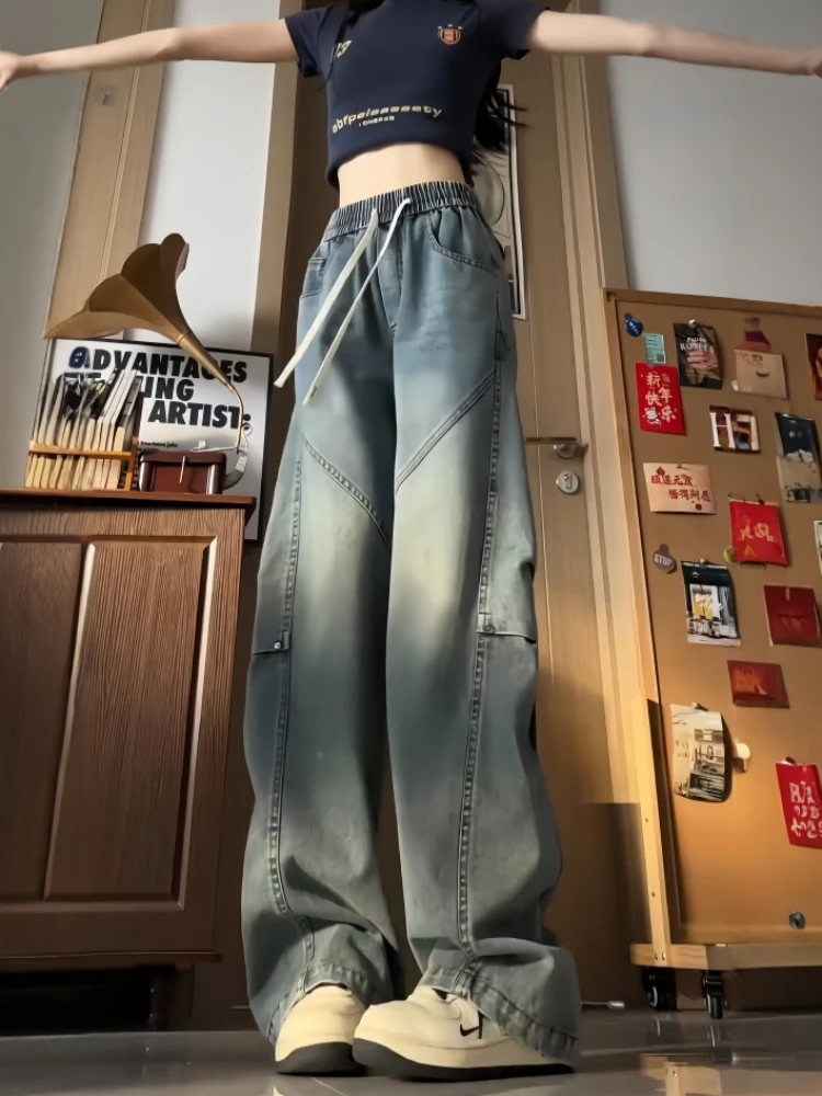 

Blue Deconstructed Patchwork Men's Jeans High Waist Slimming Leg Lengthening Straight Knife Trousers American High Stree...