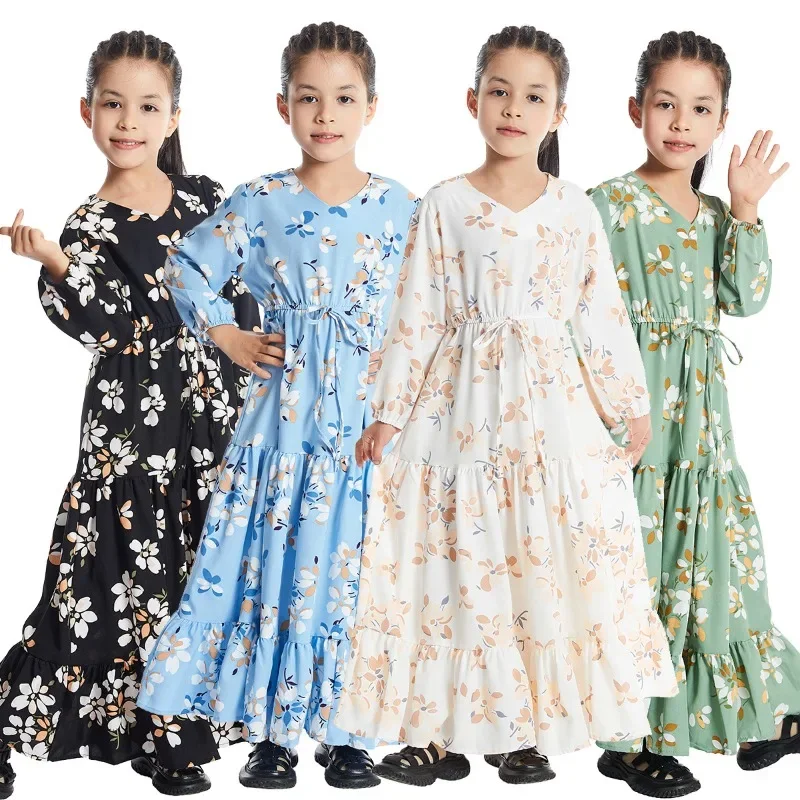 Bohemian Kids Girls Blumen kleid Muslim Kaftan Islamic Abaya Türkisch Arabisch Robe Kleid V-Ausschnitt Langarm Taille bedrucktes Kleid