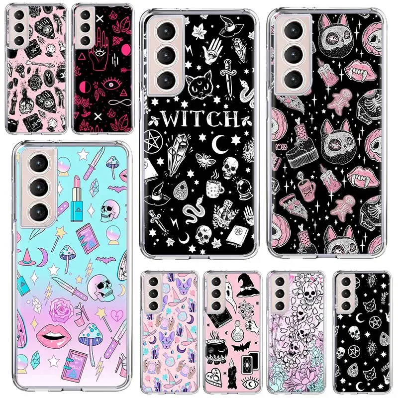 Custodia per telefono strega teschio gatto rosa per Samsung Galaxy S24 S23 S22 Ultra S21 Plus S20 FE S10 S10E S9 S8 + Cover Capa Funda