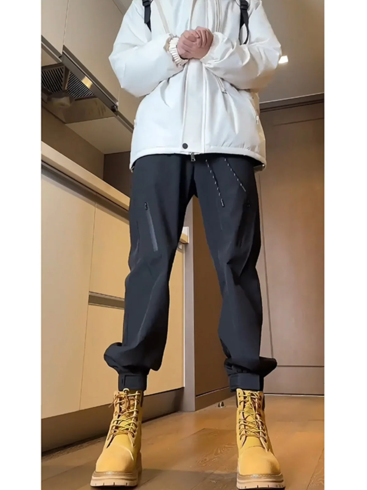 

Bla Fce Lined Trousers Men's Autumn Winter Waterproof Hiking Pants Cuffed Street Sle Matching Boots for Youth Casual Wear