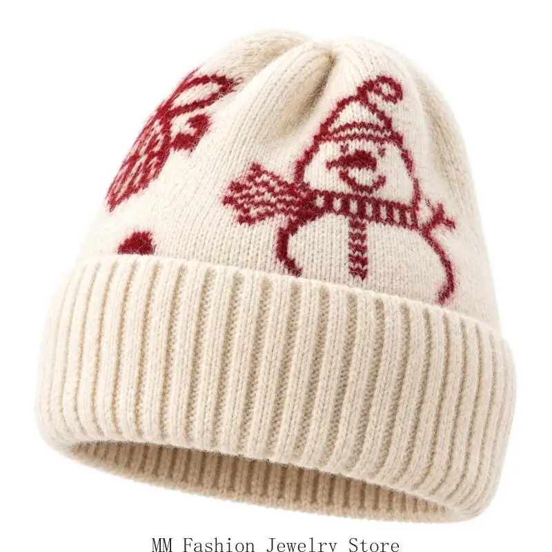 Winter Figure Pullover Hat with a Folded Ribbed Knitted Headwear for Seasonal Cold-Weather Outfit Dressing D0UB