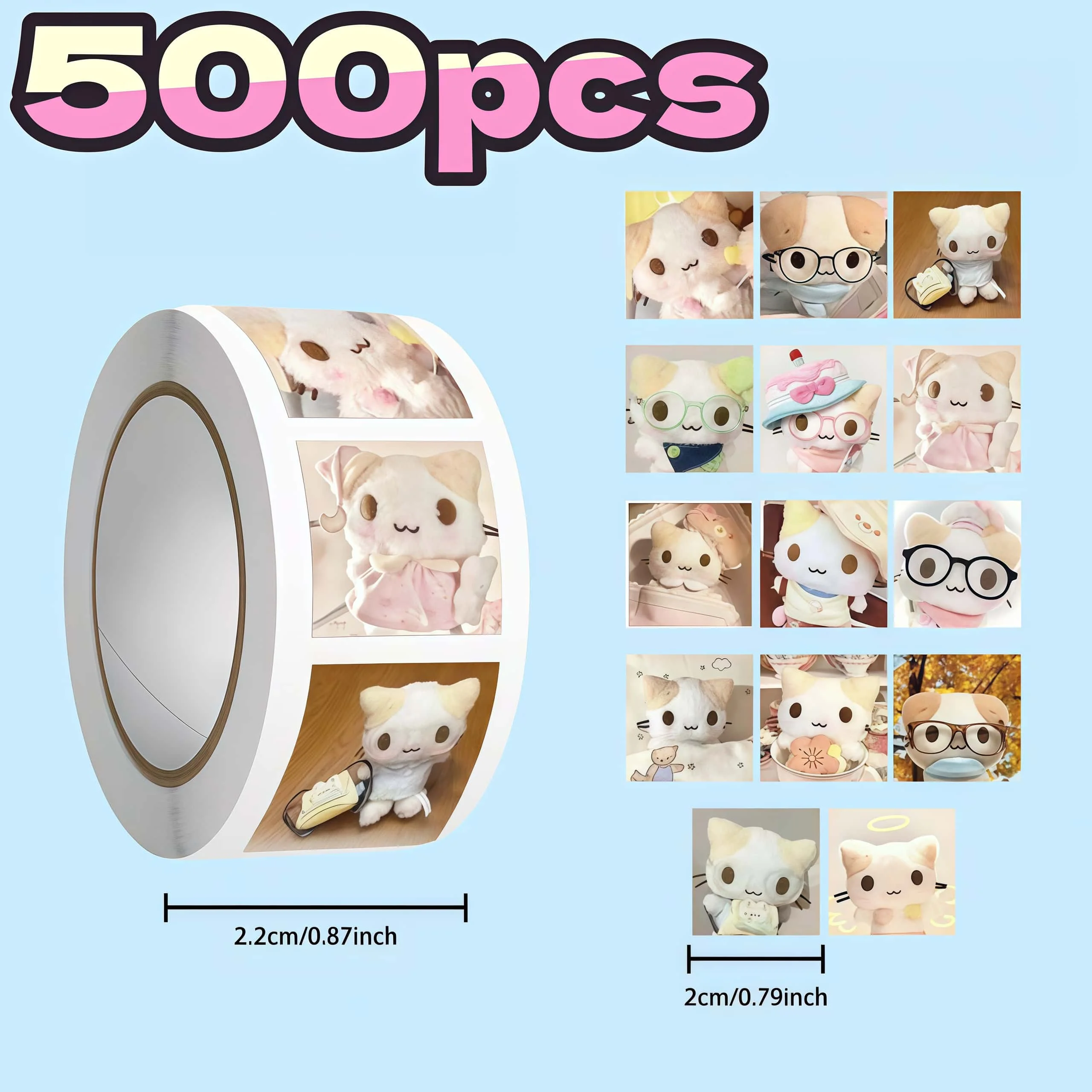 500Pcs Cute Fluffy White Cat Roll Stickers, Cartoon Plush Kitten Square Label Stickers for Packaging Journal DIY Craft Decoratio