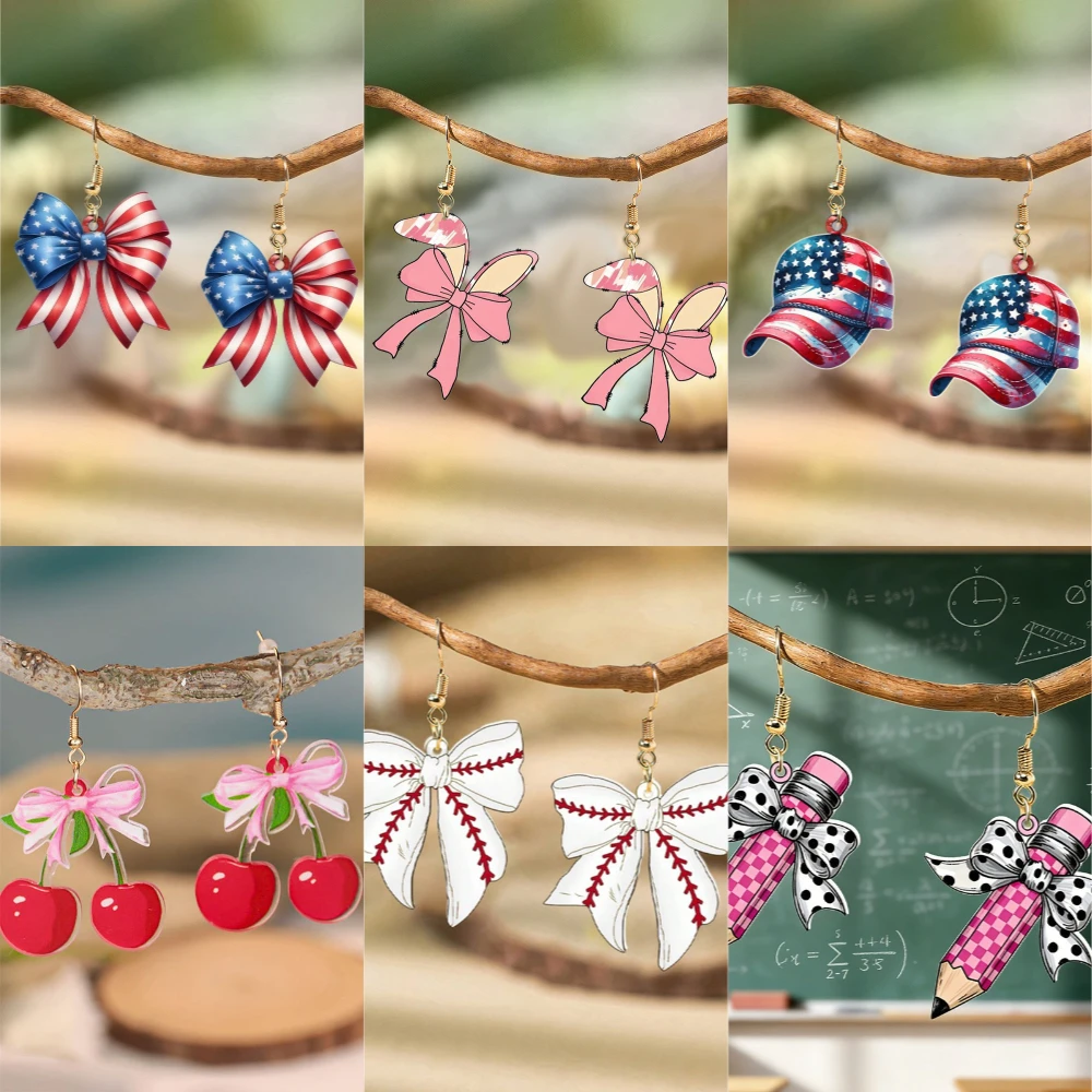 Fashion Temperament College Style Bowknot 2D Acrylic Earrings Female Ins Style Niche Creative Graduation Season Pencil Earrings