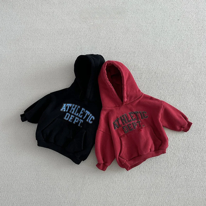 

2025 Winter New Children Letter Hoodie Plus Velvet Thick Boys Girls Hooded Sweatshirt Baby Warm Fleece Tops Kids Casual Clothes
