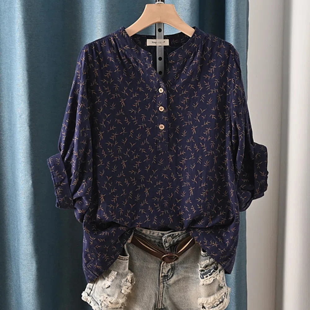100% Cotton Yarn Casual Shirt Women Bat Sleeve Stand Collar Printed Top Girl Ladies Tops OL Loose Blouses Summer Clothes