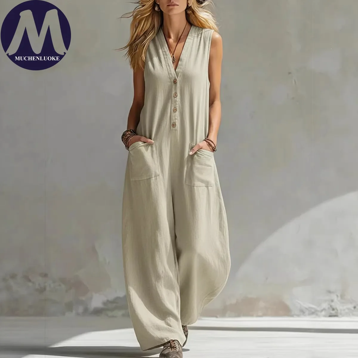 Elegant Sleeveless V Neck Jumpsuit for Women Summer Fashionable Casual Single-breasted Loose Wide Leg Jumpsuits