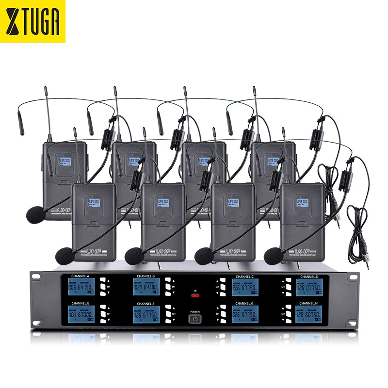 XTUGA A800 Vocals Recording Streaming Condenser professional 8 channel wireless microphone system headset