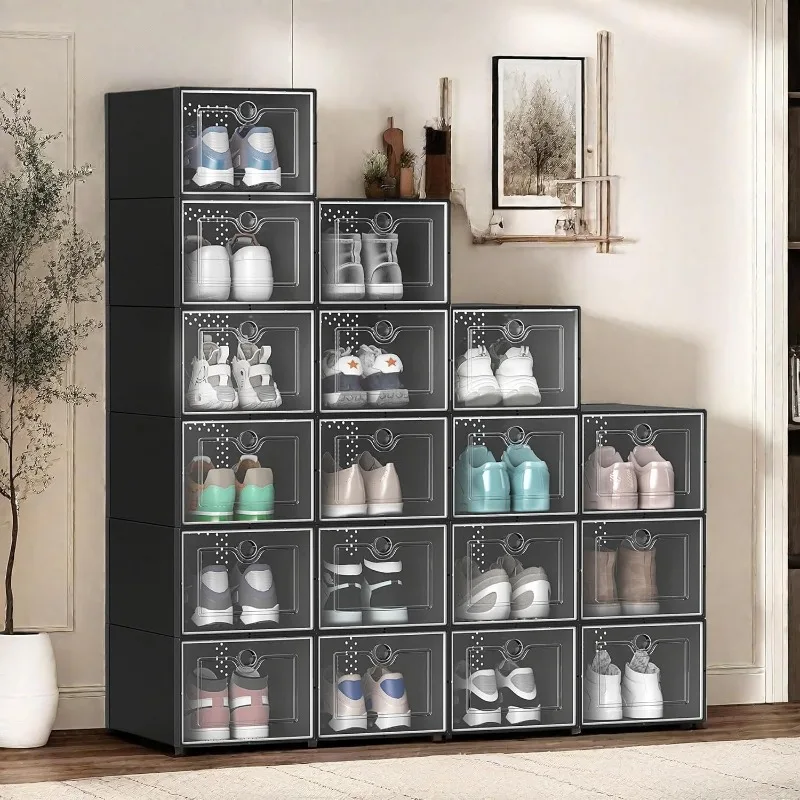 

XX-Large 18 Pack Shoe Storage Organizer, Fit up to US Size 15, Clear Plastic Stackable Shoe Box for Closet, Folding Shoe Rack
