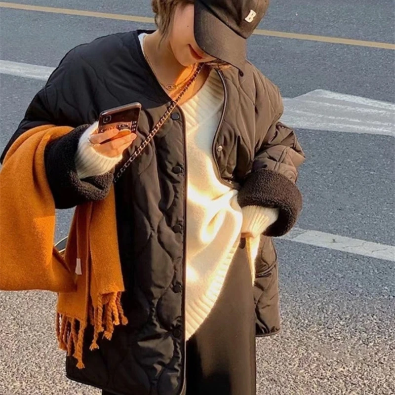 Women Winter Quilted Cotton Jacket Lightweight Collarless Oversized Pattern Fleece Lined Warm Coat Korean Style Outerwear