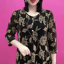 Summer 2024 Women's New Pullover O-Neck Patchwork Button Printing Sequined Flocking Loose Minimalist Casual 3/4 Sleeve Tops