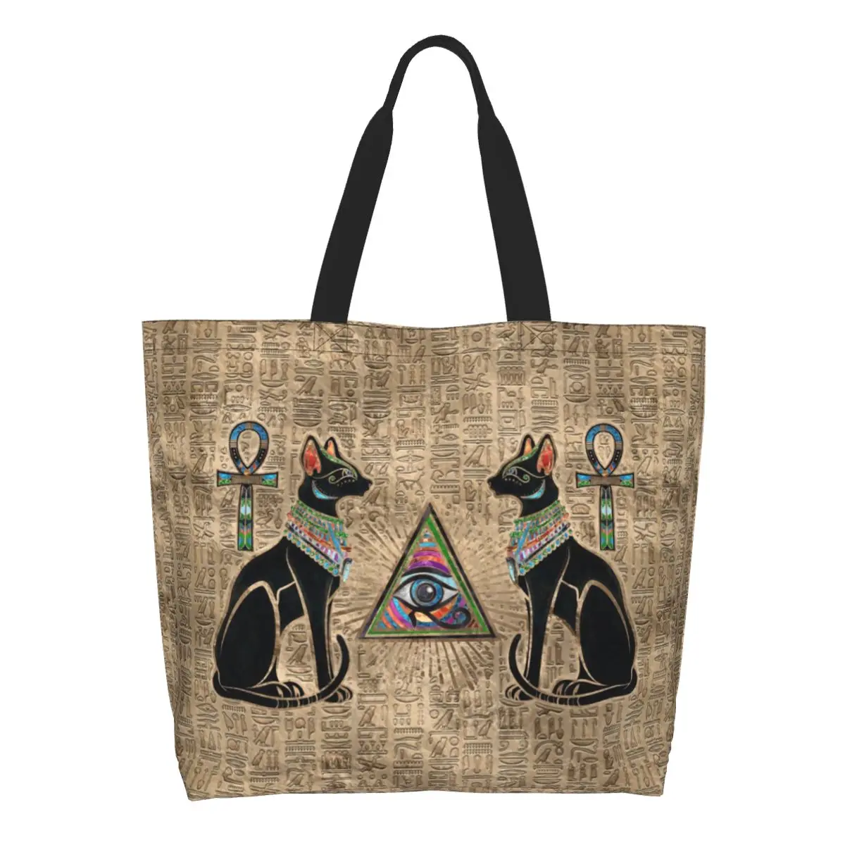 Funny Egyptian Cats And Eye Of Horus Shopping Tote Bag Recycling Ancient Egypt Canvas Groceries Shopper Shoulder Bag